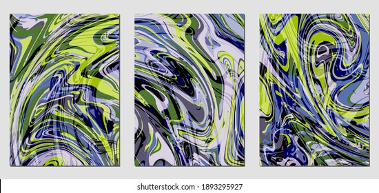 Set of colorful textures with fluid paint effect .Liquid marble. Can be used for any kind of a design:wall decoration, postcard, brochure, fashion print, backgrounds, posters. Vector template.	
