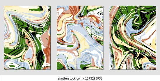 Set of colorful textures with fluid paint effect .Liquid marble. Can be used for any kind of a design:wall decoration, postcard, brochure, fashion print, backgrounds, posters. Vector template.	