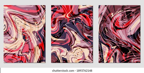 Set of colorful textures with fluid paint effect. Liquid marble. Can be used for any kind of a design:wall decoration, postcard, brochure, fashion print, backgrounds, posters. Vector template.	
