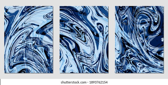 Set of colorful textures with fluid paint effect. Liquid marble. Can be used for any kind of a design:wall decoration, postcard, brochure, fashion print, backgrounds, posters. Vector template.	