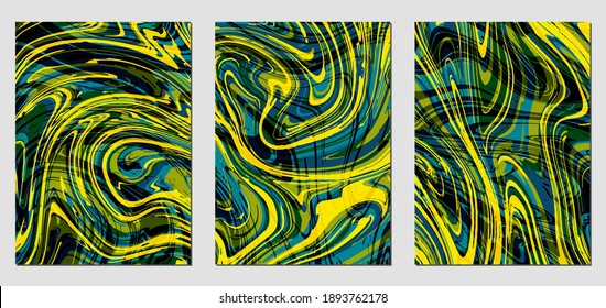 Set of colorful textures with fluid paint effect. Liquid marble. Can be used for any kind of a design:wall decoration, postcard, brochure, fashion print, backgrounds, posters. Vector template.	