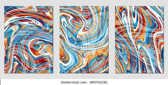 Set of colorful textures with fluid paint effect. Liquid marble. Can be used for any kind of a design:wall decoration, postcard, brochure, fashion print, backgrounds, posters. Vector template.	