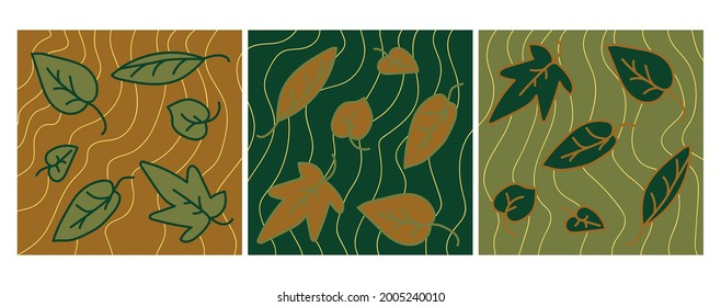 Set of colorful textures with leaves for decoration and printing. Set of patterns with pastel spots and lines. Doodle illustrations. Set of posters. Abstract art, contemporary art.