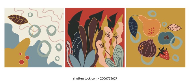 
A set of colorful textures for printing on textiles, printing and interior decor. Pastel prints. Outline with a stroke. Boho illustrations. Plants and fruits. Minimalism, abstraction. Set of posters.