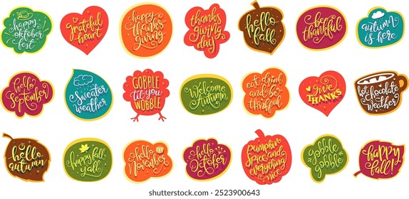 A set of colorful thanksgiving and autumn vector stickers isolated on a white background.