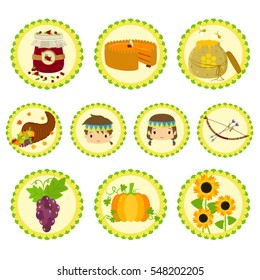 Set of colorful Thanksgiving icon vector - Native characters and items.