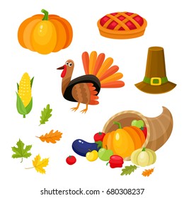 Set of colorful thanksgiving symbols - turkey, pumpkin, pilgrim hat, corn, pie, horn of abundance, cartoon vector illustration isolated on white background. Cartoon set of thanksgiving symbols