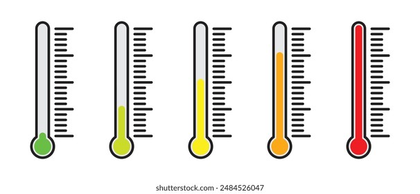 A set of colorful thermometers with a scale and various temperature indicators, temperature measurement icons.