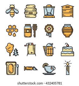 Set of colorful thin line apiary icons, vector illustration isolated on white background. Set of bee and honey icons, apiary symbols - beehive, beekeeper, jar, deeper, smoker, honeycomb, extractor