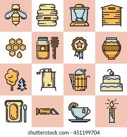 Set of colorful thin line apiary icons, vector illustration isolated on white background. Set of bee and honey icons, apiary symbols - beehive, beekeeper, jar, deeper, smoker, honeycomb, extractor