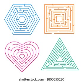 Set of colorful thin outlined mazes or labyrinth puzzles in geometric shapes of hexagon, square, heart and triangle.