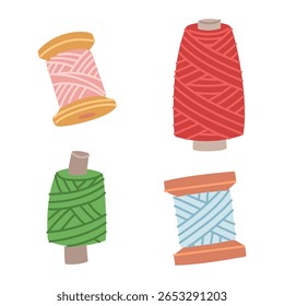 conjunto de threads coloridos em carretéis. Os fios para costurar e bordar são perfeitos para bordar agulhas, artesanato, cuidado e amor. Uma ilustração em cores planas. Perfeito para projetos criativos e design