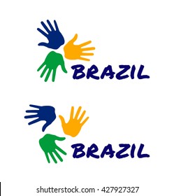 Set of colorful three hand print logo using Brazil flag colors. Vector  illustration. 