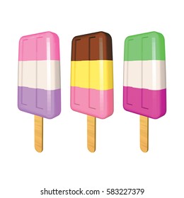 Set of Colorful Three Striped Popsicles on White. Strawberry Blueberry Chocolate Banana and Kiwi Flavored Ice Creams on Wooden Sticks. Low Poly Realistic Vector Illustration. 