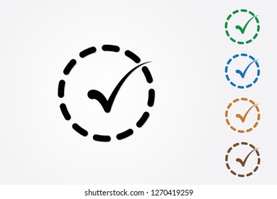 A set of colorful tick signs or marks inside dashed circles vector illustration on white background to show correct answer and approval