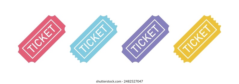 Set of colorful ticket icon. Blank Template Tickets. Cinema, theatre, concert or event pass symbol isolated.