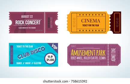 Set of colorful tickets on various events: cinema, music rock concert, club disco, amusement park. Tickets, entertainment program, festival. Vector illustration vintage admission tickets templates.