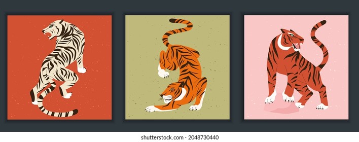 Set of colorful tigers in abstract style. Modern greeting card or poster. Hunting tigers in Asian style. Chinese 2022 year sign. Year of the Tiger 2022 Japanese new year card.