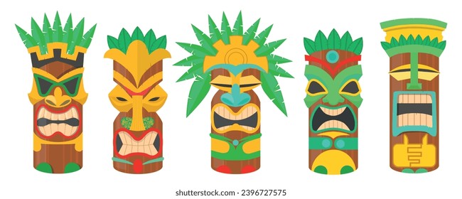 Set of colorful tiki masks in cartoon style. Vector illustration of beautiful different tiki masks with different emotions with green leaves isolated on white background. Hawaiian wooden tribal totem.