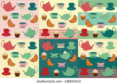 set of colorful tile patterns with teapots, cups, muffins and croissant