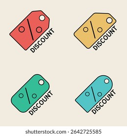 Set of colorful tilted discount tag icons with percentage symbols and bold labels for sales, promotions, and e-commerce marketing
