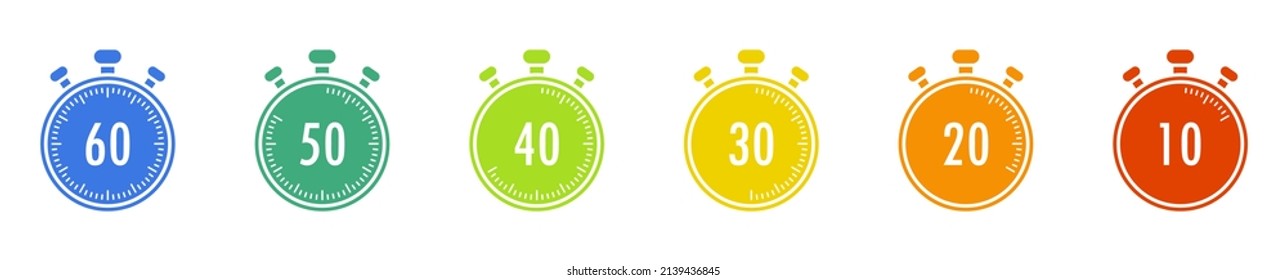 Set of colorful timers. 10, 20, 30, 40, 50, and 60 minutes. Countdown timer icon set. Stopwatch. Clock. Flat vector illustration.
