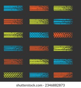 Set of colorful tire track silhouettes isolated on dark background