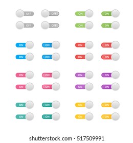 Set of colorful toggle switch icons. Switch buttons. On and Off position. Vector user interface set including switches.