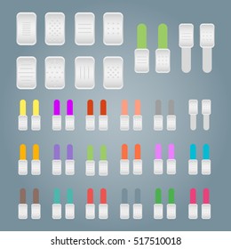 Set of colorful toggle switch icons. Switch buttons. On and Off position. Vector user interface set including switches.
