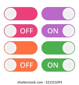 Set of colorful toggle switch icons. Switch buttons. On and Off position. Vector user interface set including switches.