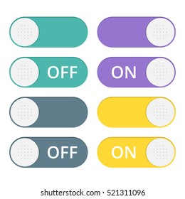 Set of colorful toggle switch icons. Switch buttons. On and Off position. Vector user interface set including switches.