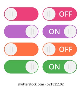 Set of colorful toggle switch icons. Switch buttons. On and Off position. Vector user interface set including switches.