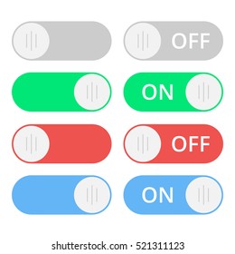 Set of colorful toggle switch icons. Switch buttons. On and Off position. Vector user interface set including switches.