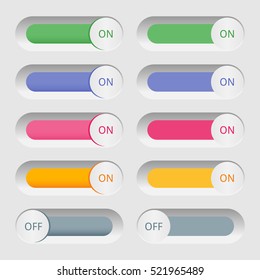 Set of colorful toggle switch icons. Switch buttons. On and Off position. Vector user interface set including switches.