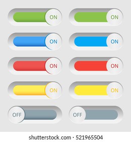 Set of colorful toggle switch icons. Switch buttons. On and Off position. Vector user interface set including switches.
