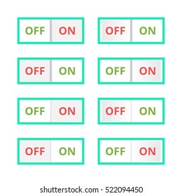 Set of colorful toggle switch icons. Switch buttons. On and Off position. Vector user interface set including switches.
