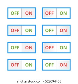 Set of colorful toggle switch icons. Switch buttons. On and Off position. Vector user interface set including switches.