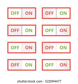 Set of colorful toggle switch icons. Switch buttons. On and Off position. Vector user interface set including switches.