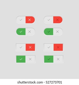 Set of colorful toggle switch icons. Switch buttons. On and Off position. Vector user interface set including switches.