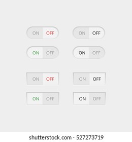 Set of colorful toggle switch icons. Switch buttons. On and Off position. Vector user interface set including switches.