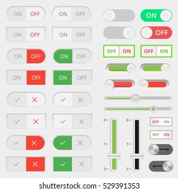 Set of colorful toggle switch icons. Switch buttons. On and Off position. Vector user interface set including switches.