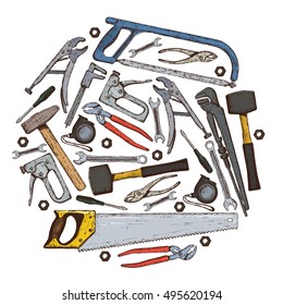 Set of colorful tool icons. Sketch style illustration of repair tools for vintage decoration. Vector.