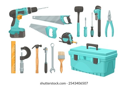 Conjunto de herramientas y equipos de colores para proyectos de bricolaje. Ilustración vectorial