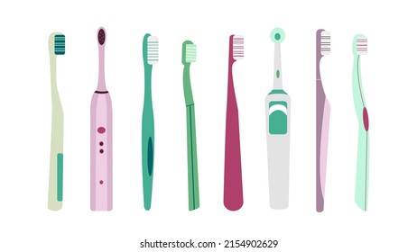 Conjunto de cepillos de dientes coloridos sobre fondo blanco. Ilustración vectorial de la higiene dental, cuidado oral de estilo plano.