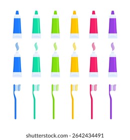 Set of colorful toothpaste tubes and toothbrushes with paste on bristles. Dental care, hygiene, oral health, and personal care concept. Flat vector illustration isolated on white background
