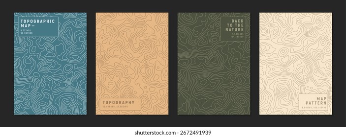 Set of colorful topographic vector posters with abstract contour lines. Modern map pattern design for travel, hiking, nature adventure graphics, posters, stylish covers, and outdoor layouts.