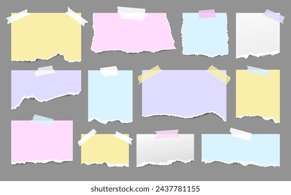 Set of colorful torn note paper attached plasters, ripped pieces, memo sheets or notebook shred. Paper scraps with torn edges vector illustration. Design for social media, banner, poster