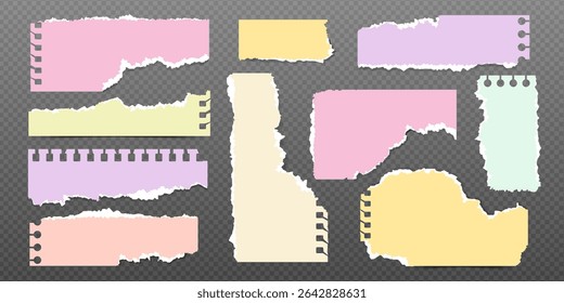 Set of colorful torn notebook paper pieces. Ripped paper strips. Realistic notepad sheets, scraps of notebook page, with torn edges. Vector illustration.