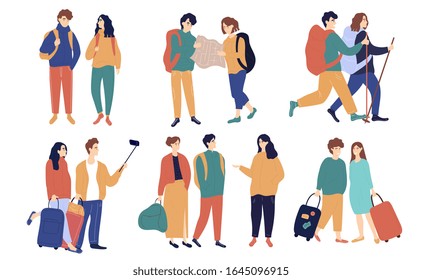 Set of colorful tourism couples backpacking, hiking, nordic walking, taking a selfie, with a tour guide and luggage, vector illustration