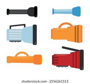 Set of colorful tourist flashlights in a cartoon style. Vector illustration of portable, handheld camping lanterns of various shapes and sizes isolated on white background.Side view.Modern LED lights.